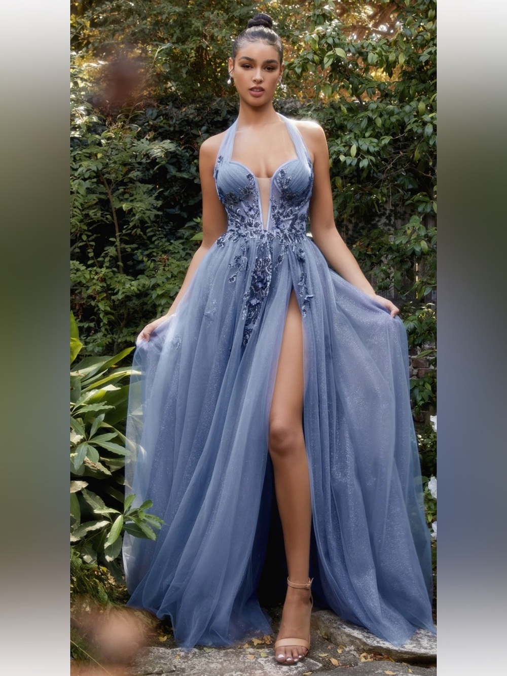 Andrea & Leo A1128 Blue Floral Butterfly Glitter Tulle Prom Gown